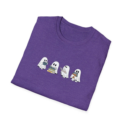 Cozy fall t-shirt for teachers and readers featuring adorable ghosts and books.

