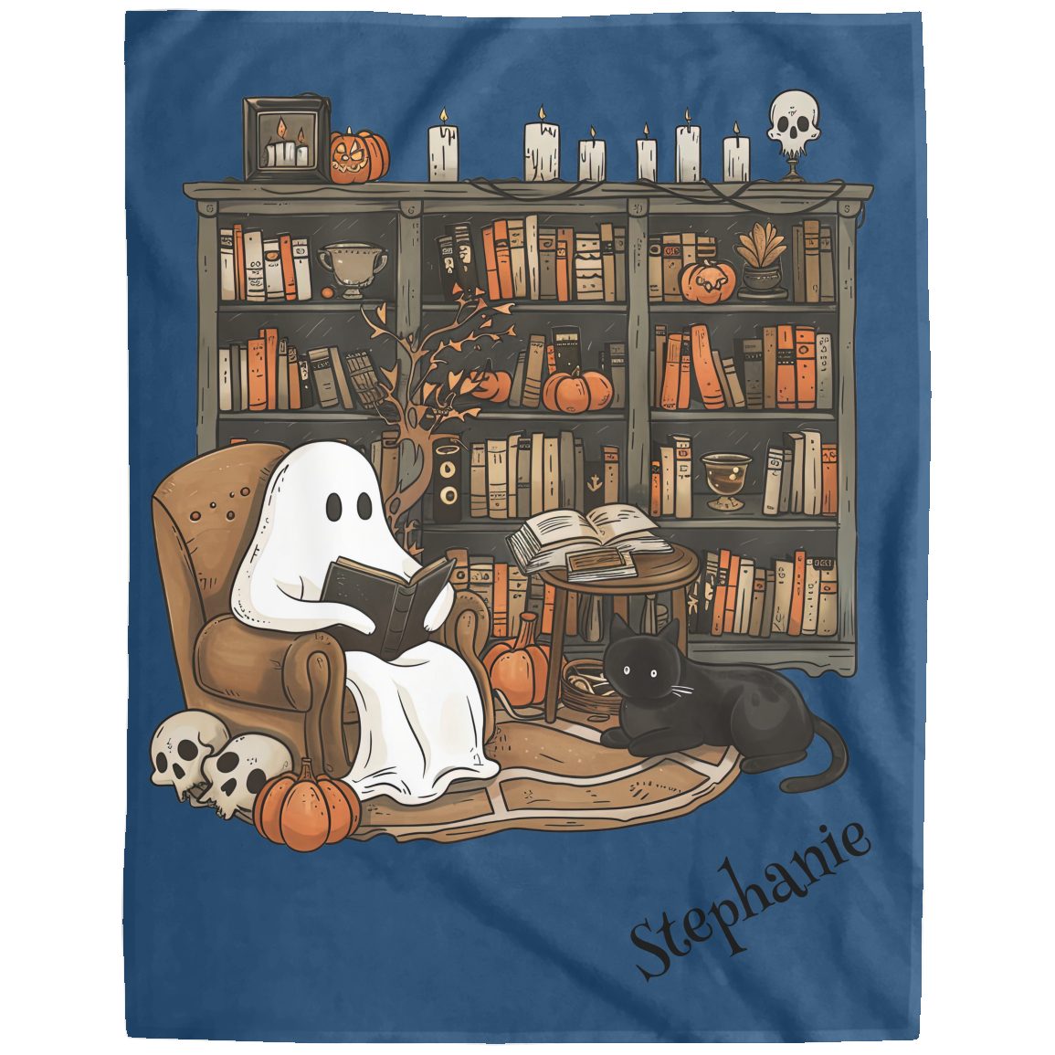 Ghost reading a book with a black cat on a blue blanket