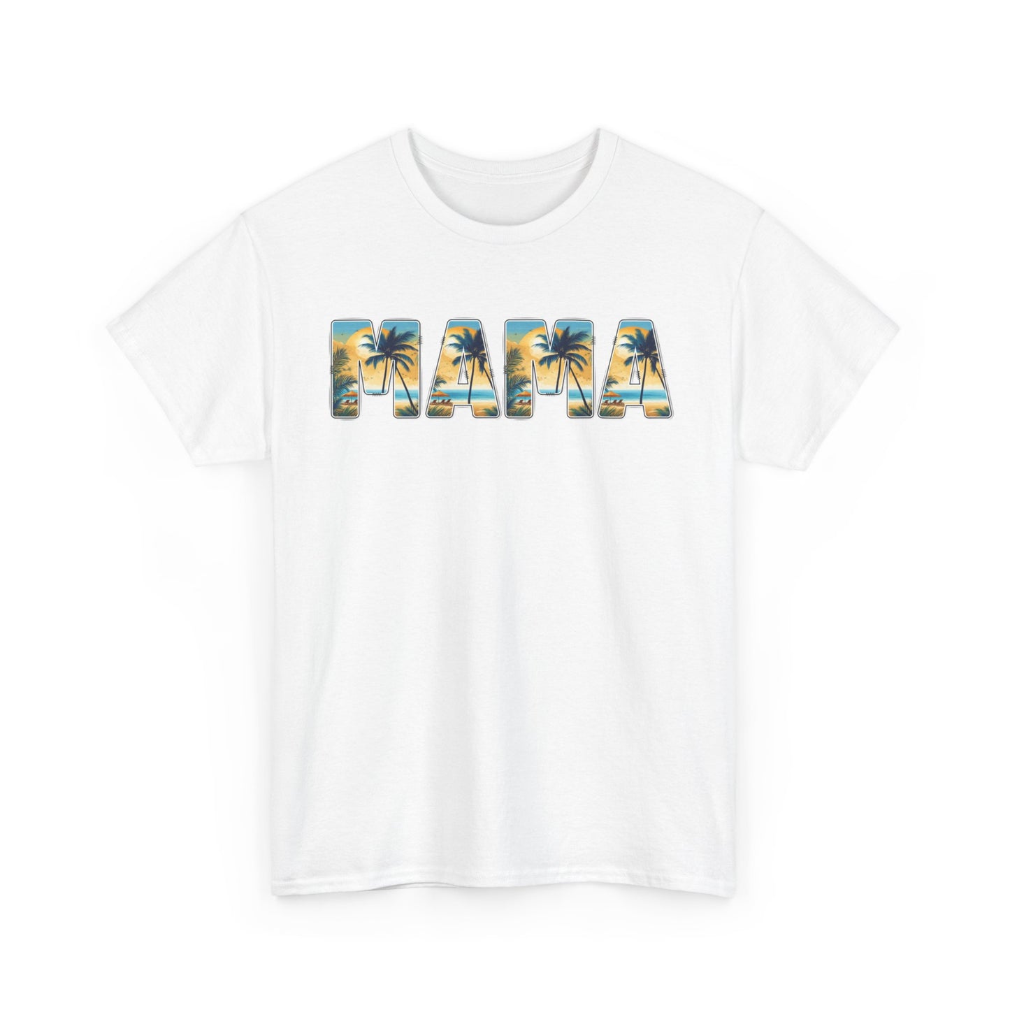 MAMA text with sunset and palm trees in each letter

