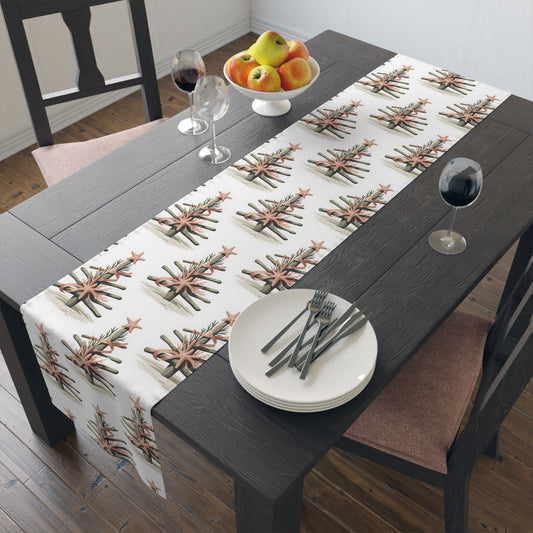 Dining table set with a decorative table runner, plates, and cutlery.