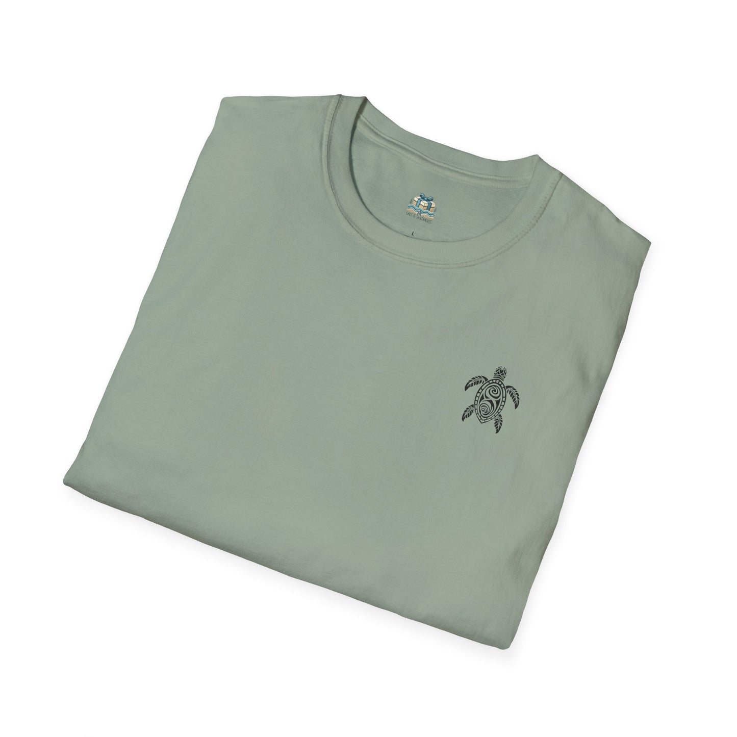 Folded light green t-shirt with a small turtle logo on a white background