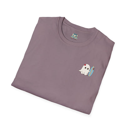Folded purple t-shirt with a ghost holding a corn on the cob graphic on a white background