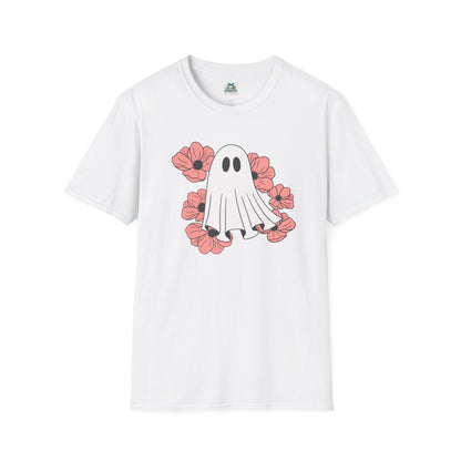 White t-shirt with a ghost and flower design on a white background