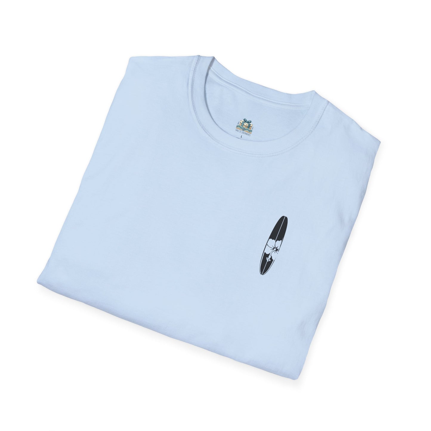 Light blue t-shirt with a black and white graphic on a white background
