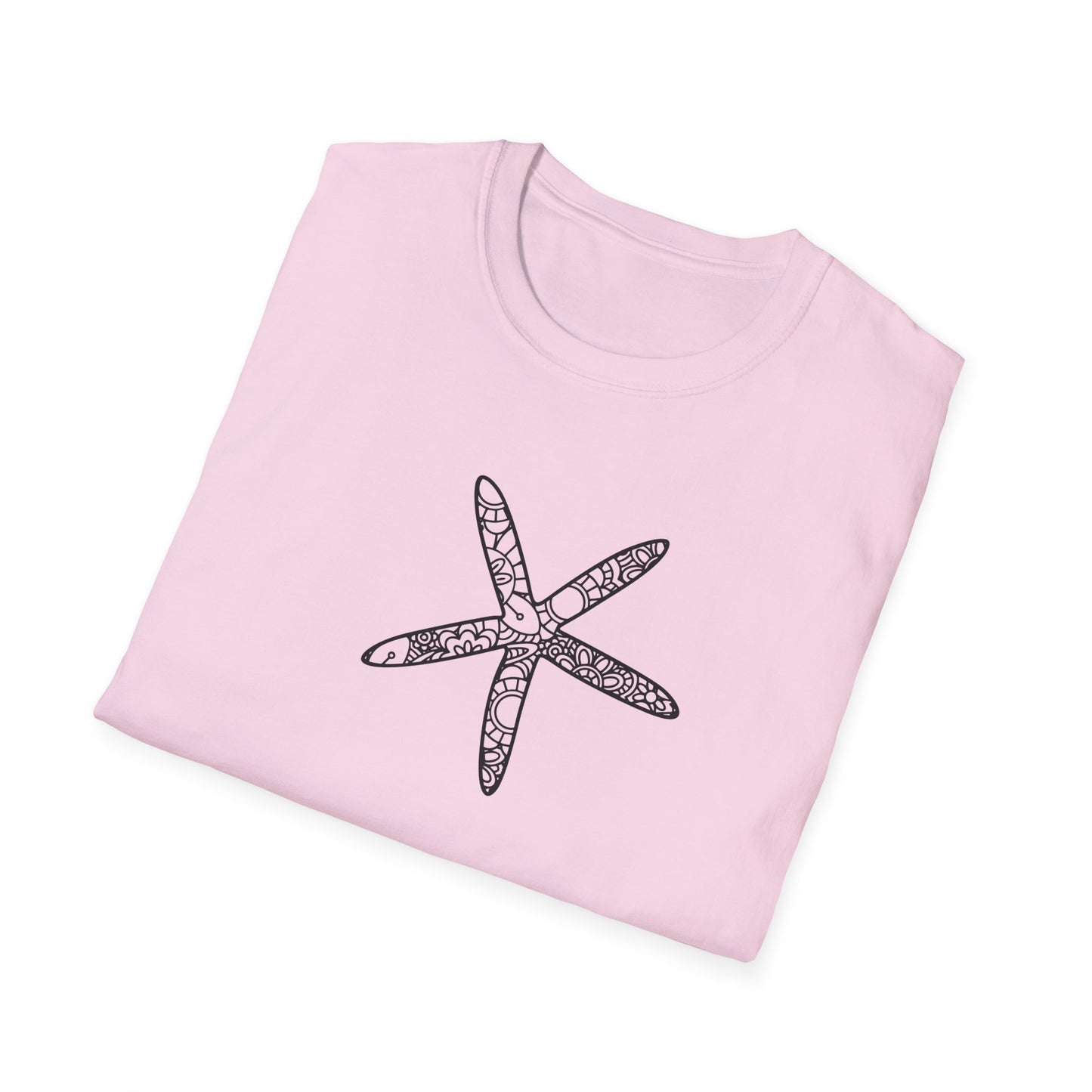 Folded pink t-shirt with a black starfish design on a white background