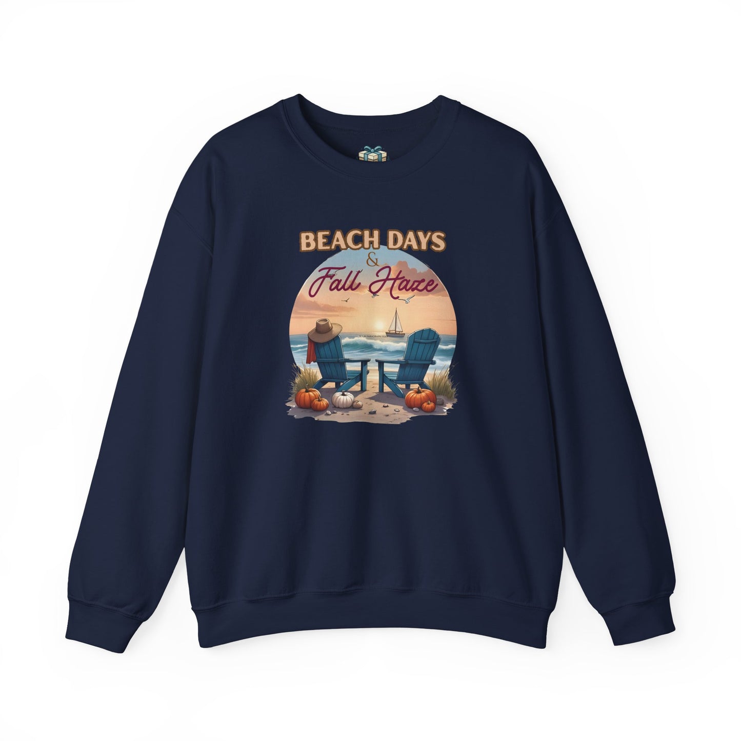 Navy blue sweatshirt with 'Beach Days & Fall Harvest' graphic on a white background