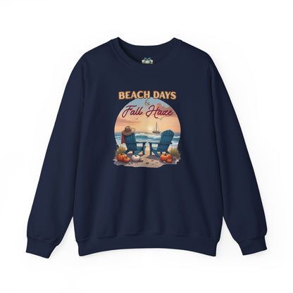 Navy blue sweatshirt with 'Beach Days & Fall Harvest' graphic on a white background