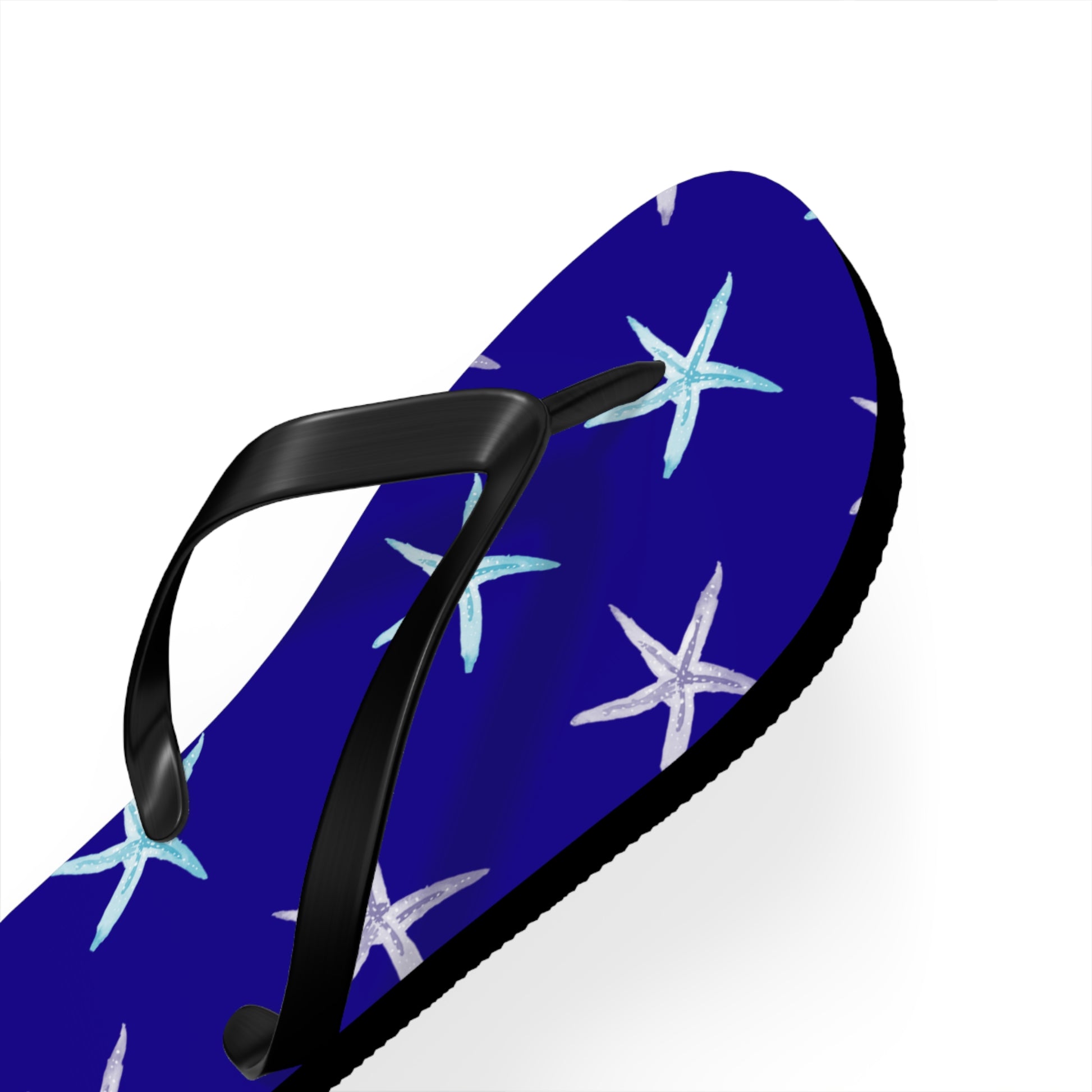 Blue flip-flop with starfish pattern on a white background