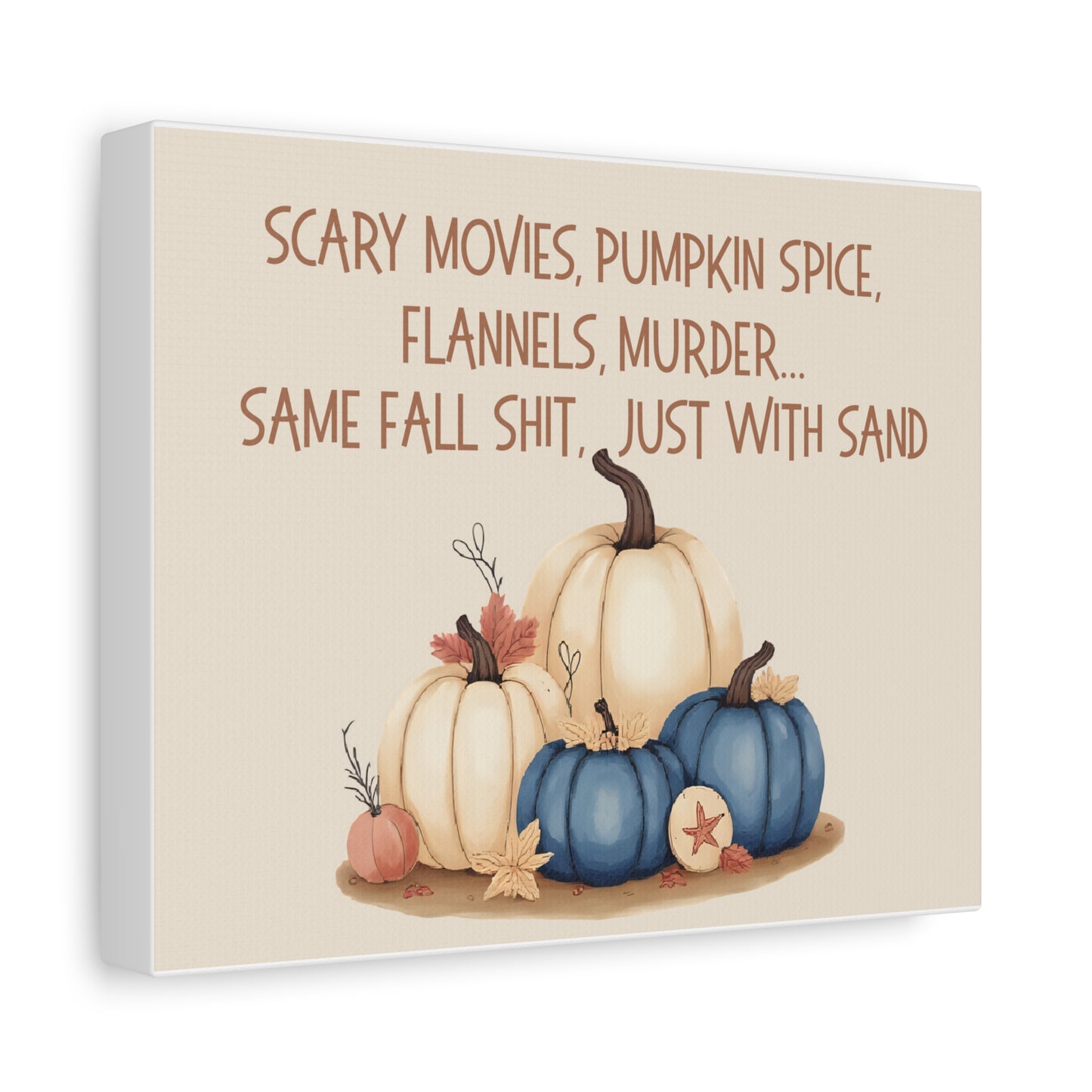 Canvas print with pumpkins and autumn-themed text on a beige background