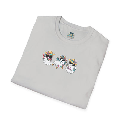 Folded gray t-shirt with cartoon dog design on a white background