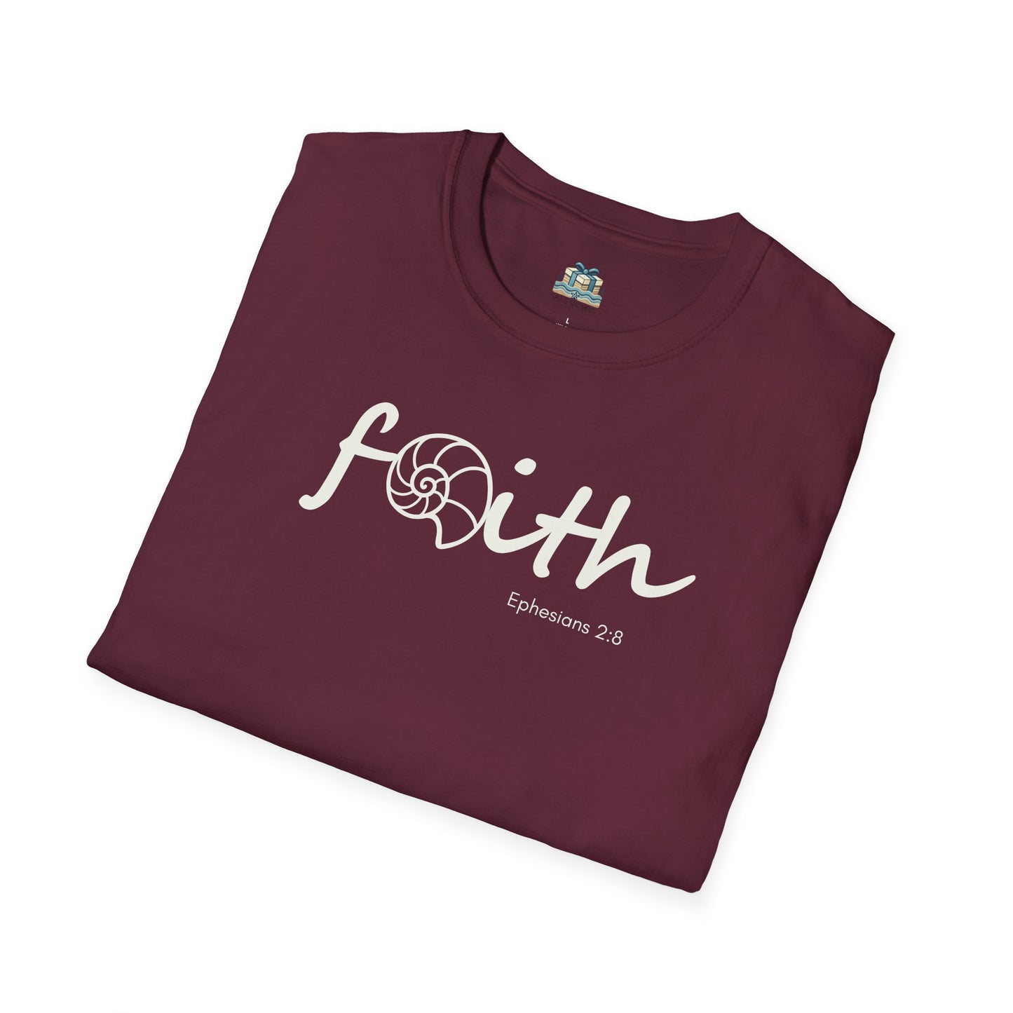 Maroon t-shirt with 'Faith' and 'Ephesians 2:8' text on a white background