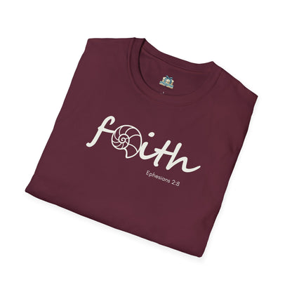 Maroon t-shirt with 'Faith' and 'Ephesians 2:8' text on a white background
