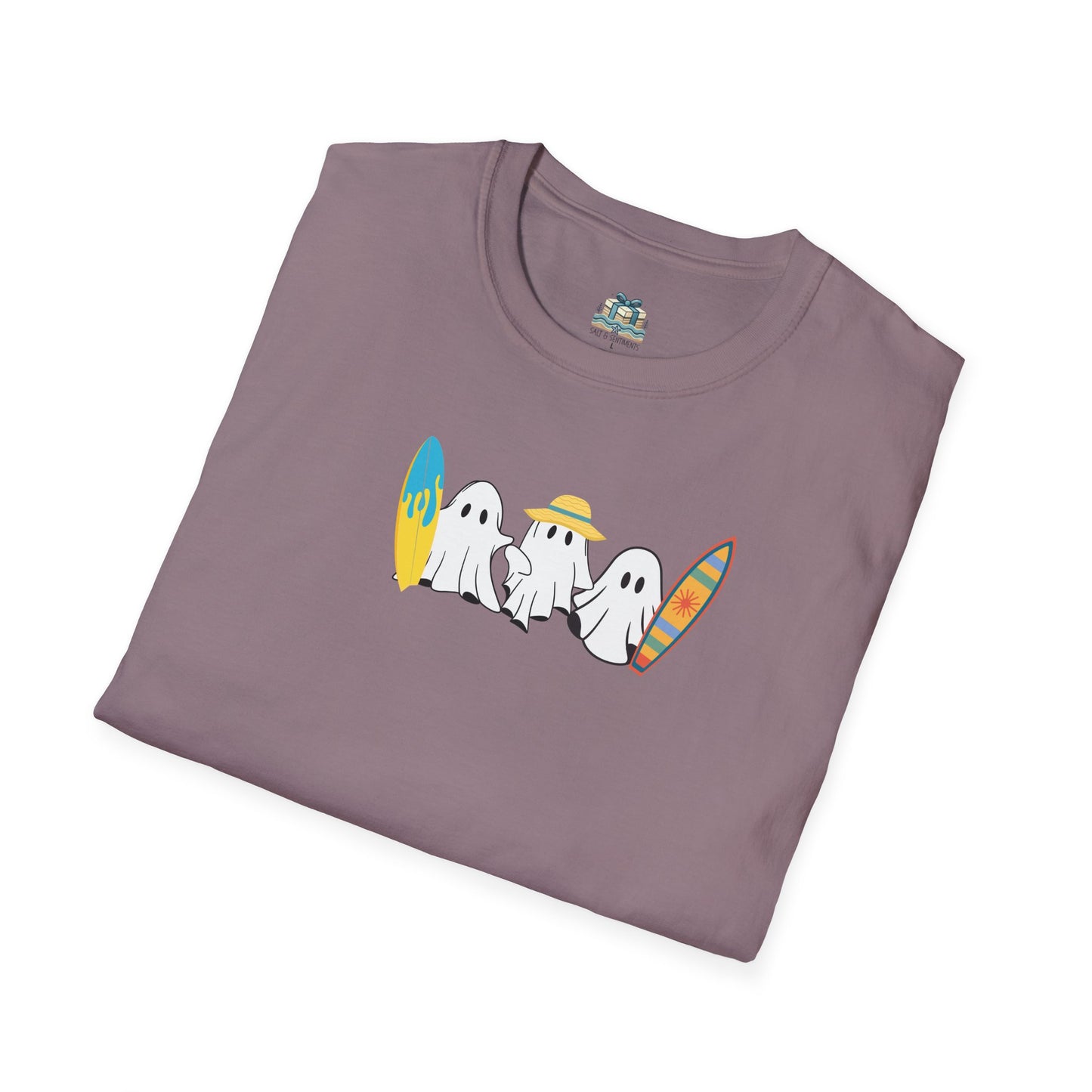 Folded purple t-shirt with ghost graphic design on a white background