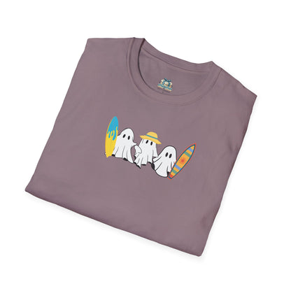 Folded purple t-shirt with ghost graphic design on a white background