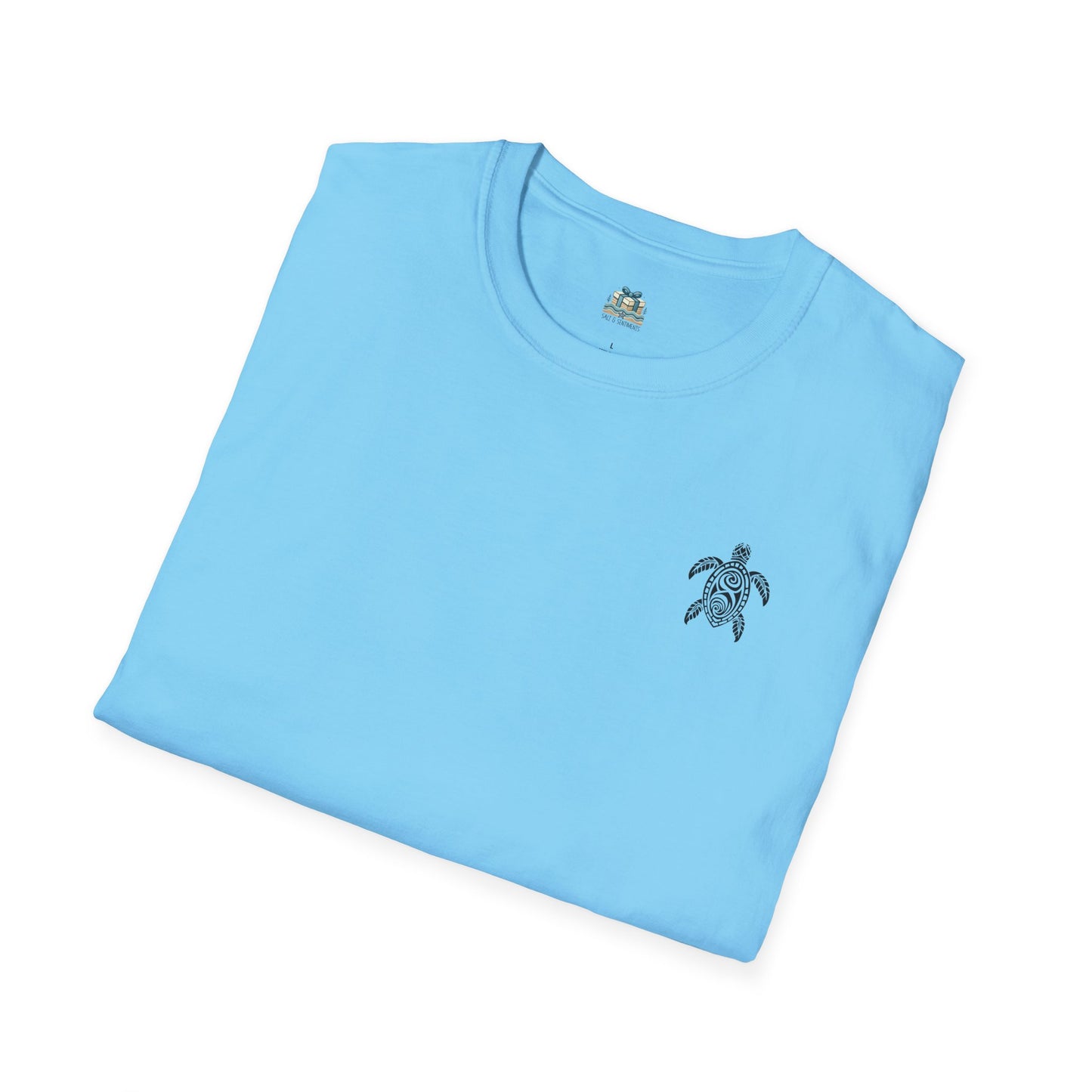Folded light blue t-shirt with a turtle emblem on a white background