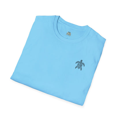 Folded light blue t-shirt with a turtle emblem on a white background