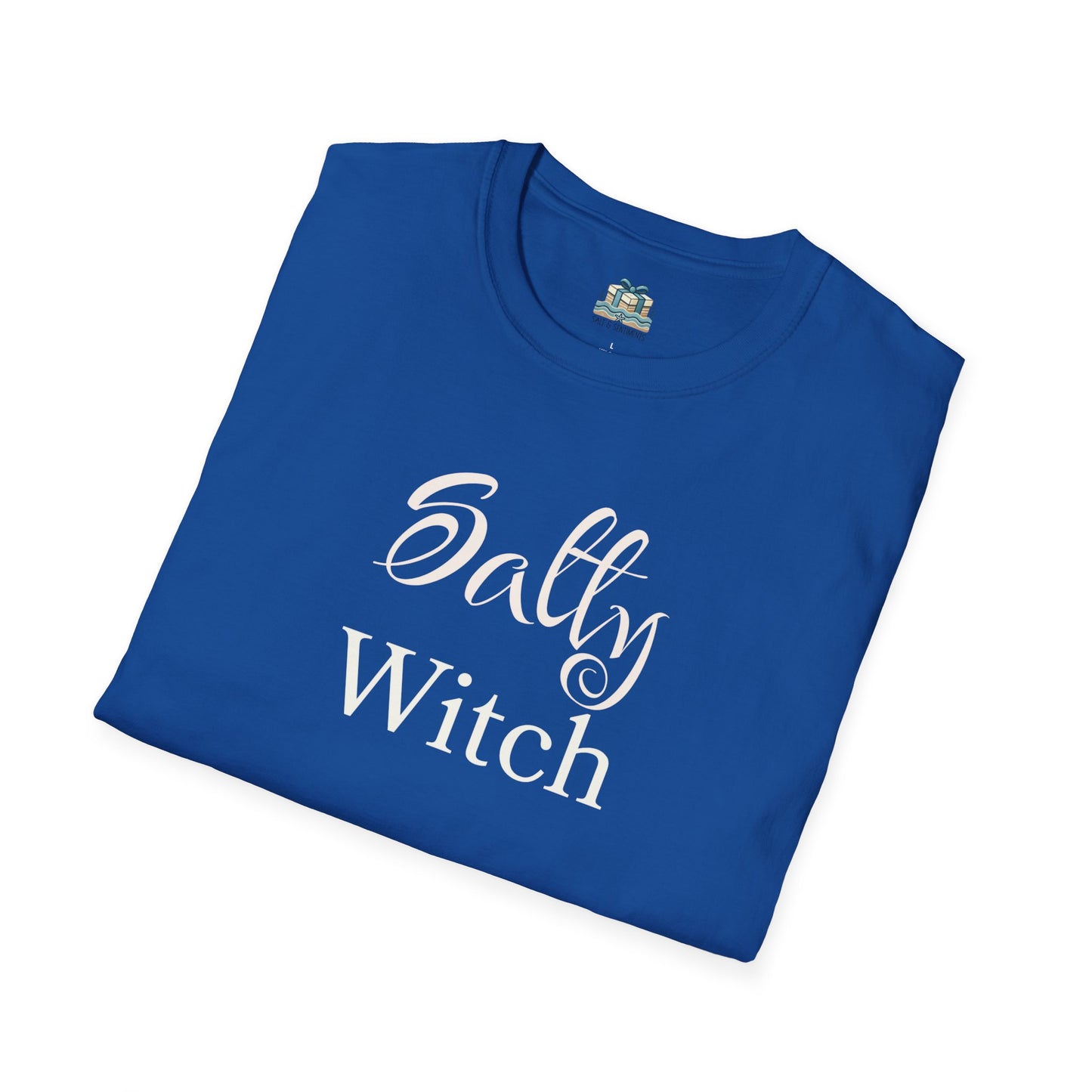 Folded blue t-shirt with 'Salty Witch' text on a white background