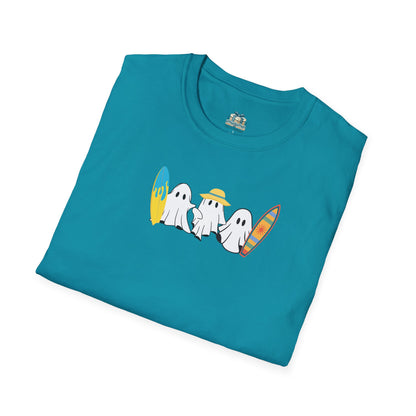 Folded teal t-shirt with cartoon ghosts design on a white background