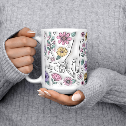 Mother’s Day floral mug with child names, custom 15oz ceramic coffee cup