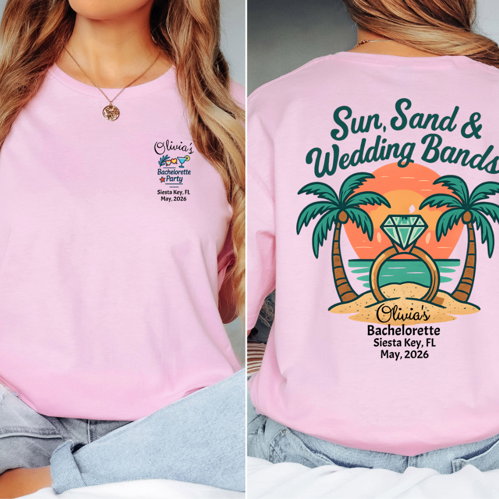 Pink bachelorette party shirt with palm trees, sunset, and ring design on a woman wearing it.
