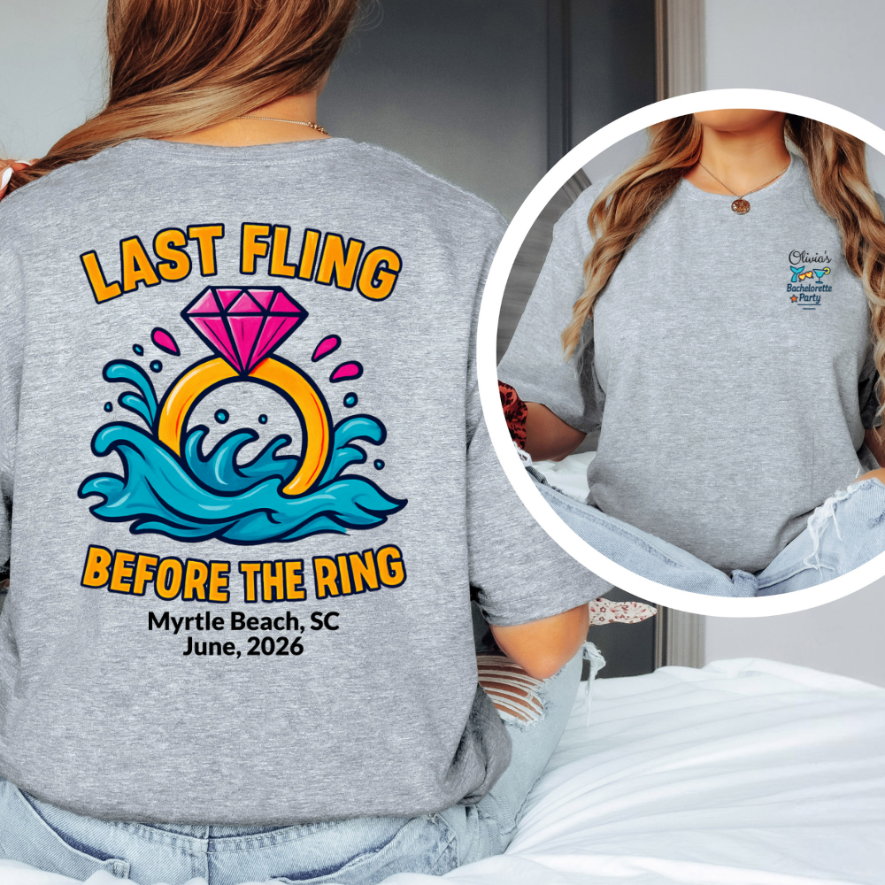 Gray t-shirt with 'Last Fling Before the Ring' design and text on the back, worn by a person.