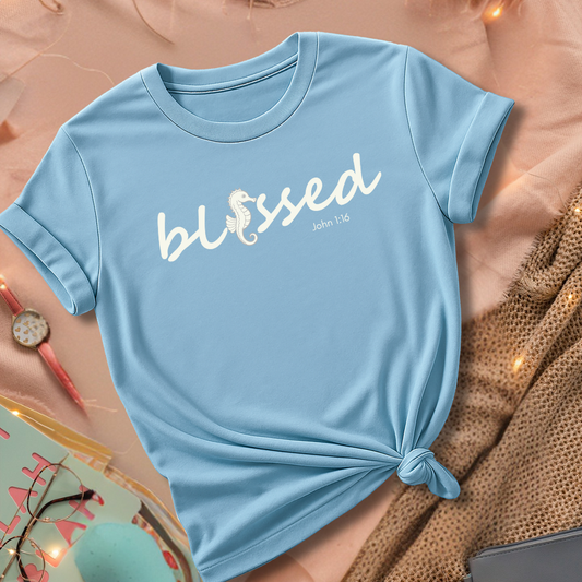 Blessed Seahorse Christian T-Shirt | Coastal Bible Verse Tee