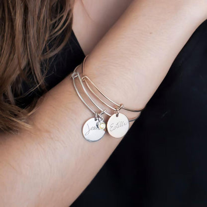 Custom copper bracelet with classic medal design and handwritten engraving