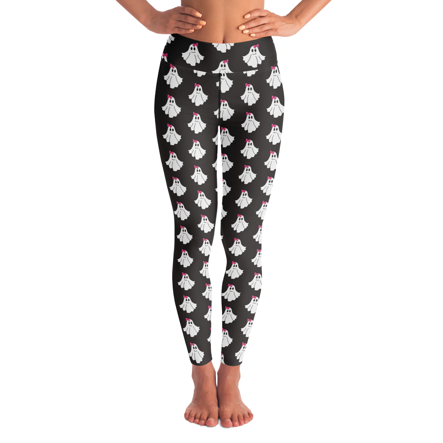 Black leggings with ghost pattern worn by a person on a white background