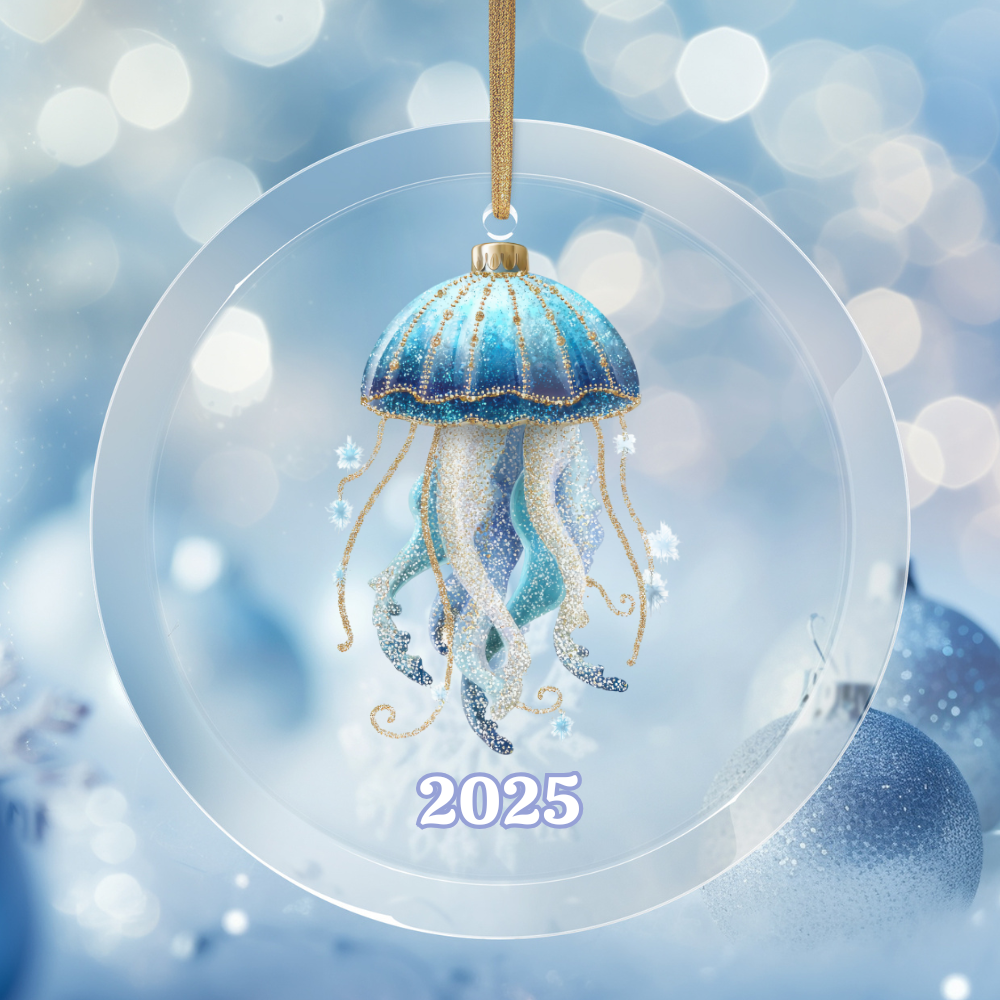 Decorative jellyfish ornament with '2025' on a blurred light blue background