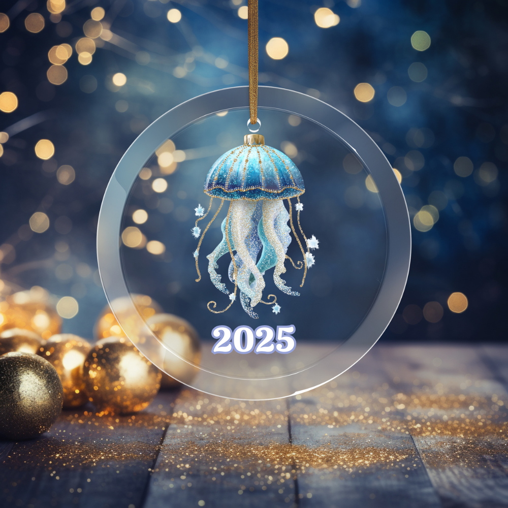 Decorative jellyfish ornament with '2025' on a festive background