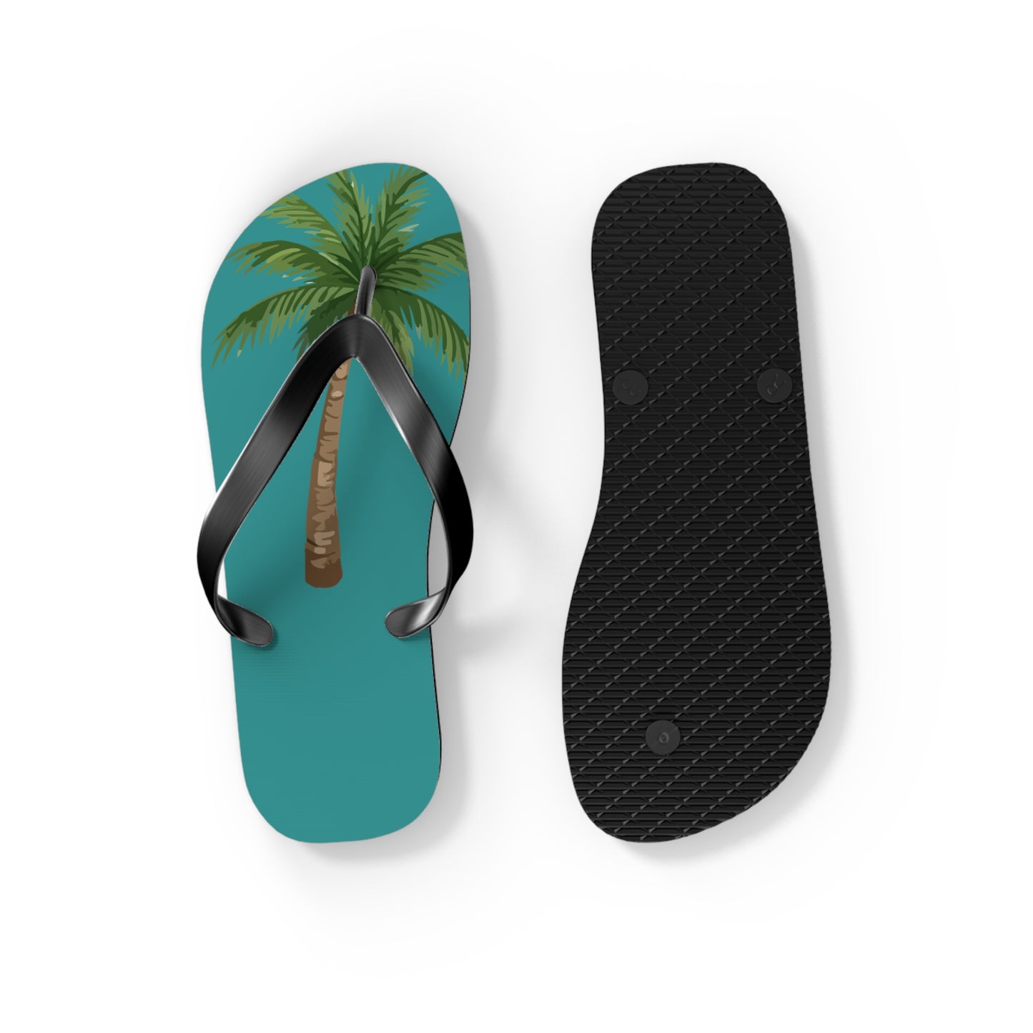 Teal flip-flop with palm tree design and black insole on a white background