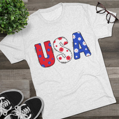 USA graphic tee with flower patterns perfect for July 4th