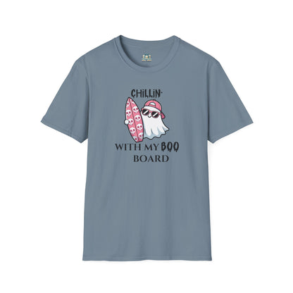 Blue t-shirt with ghost and surfboard graphic and text on a white background