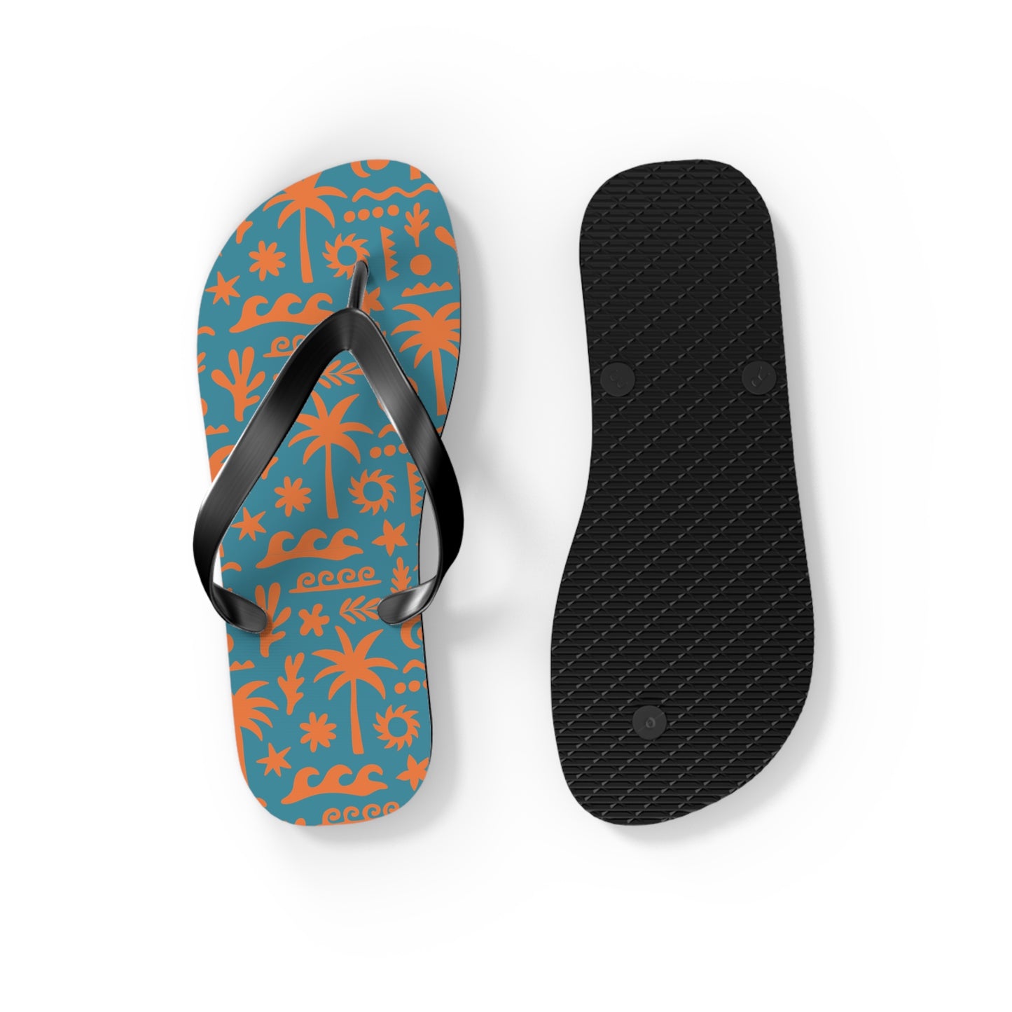 Flip-flop with a colorful pattern and black insole on a white background