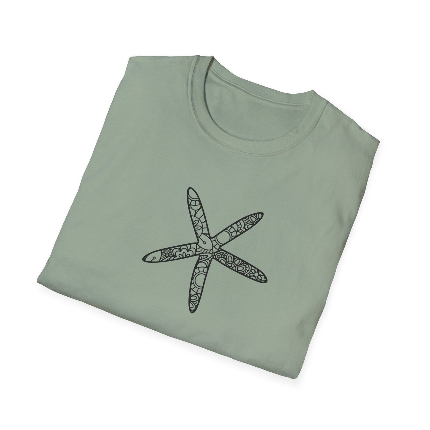 Folded green t-shirt with a black starfish design on a white background