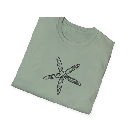 Folded green t-shirt with a black starfish design on a white background