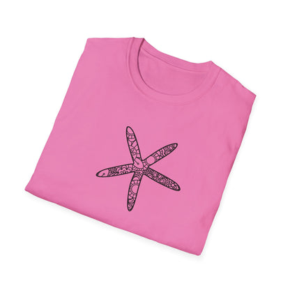 Pink t-shirt with a black starfish design on a white background