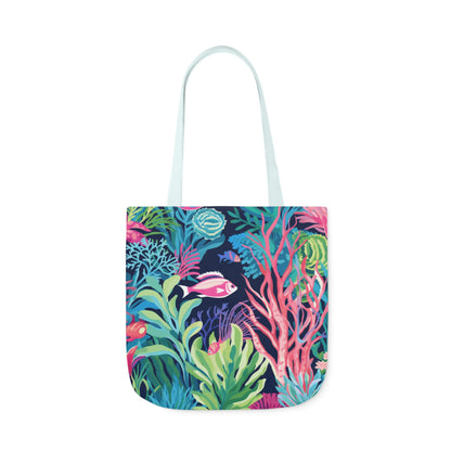 18x18 tote bag with colorful coral reef and fish design, featuring a vibrant underwater scene and white handles.