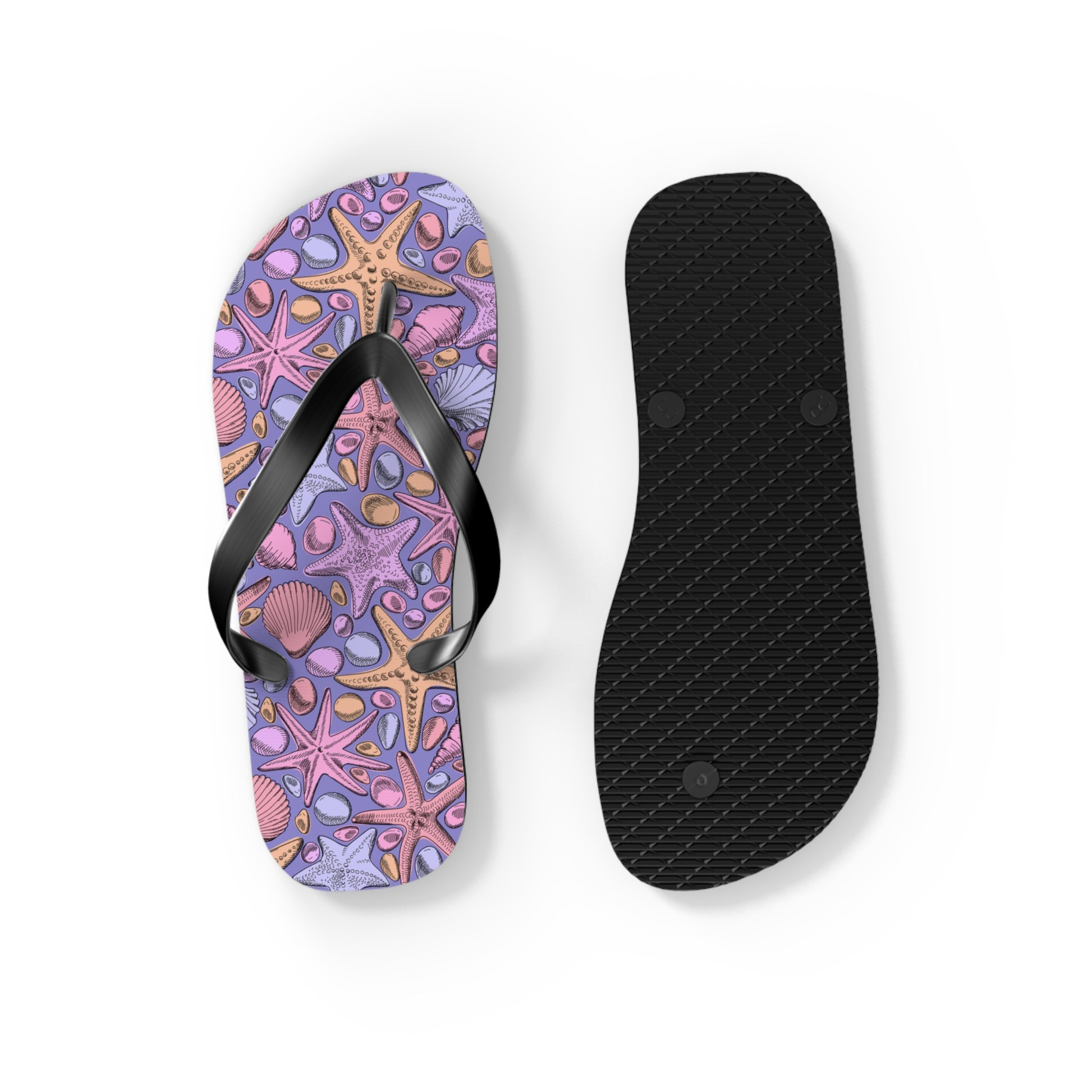 Flip-flop with starfish and shell pattern on a white background