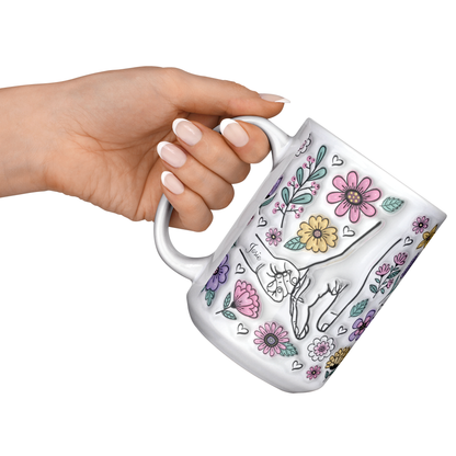 White ceramic mug with custom hand-holding illustration and kids' names