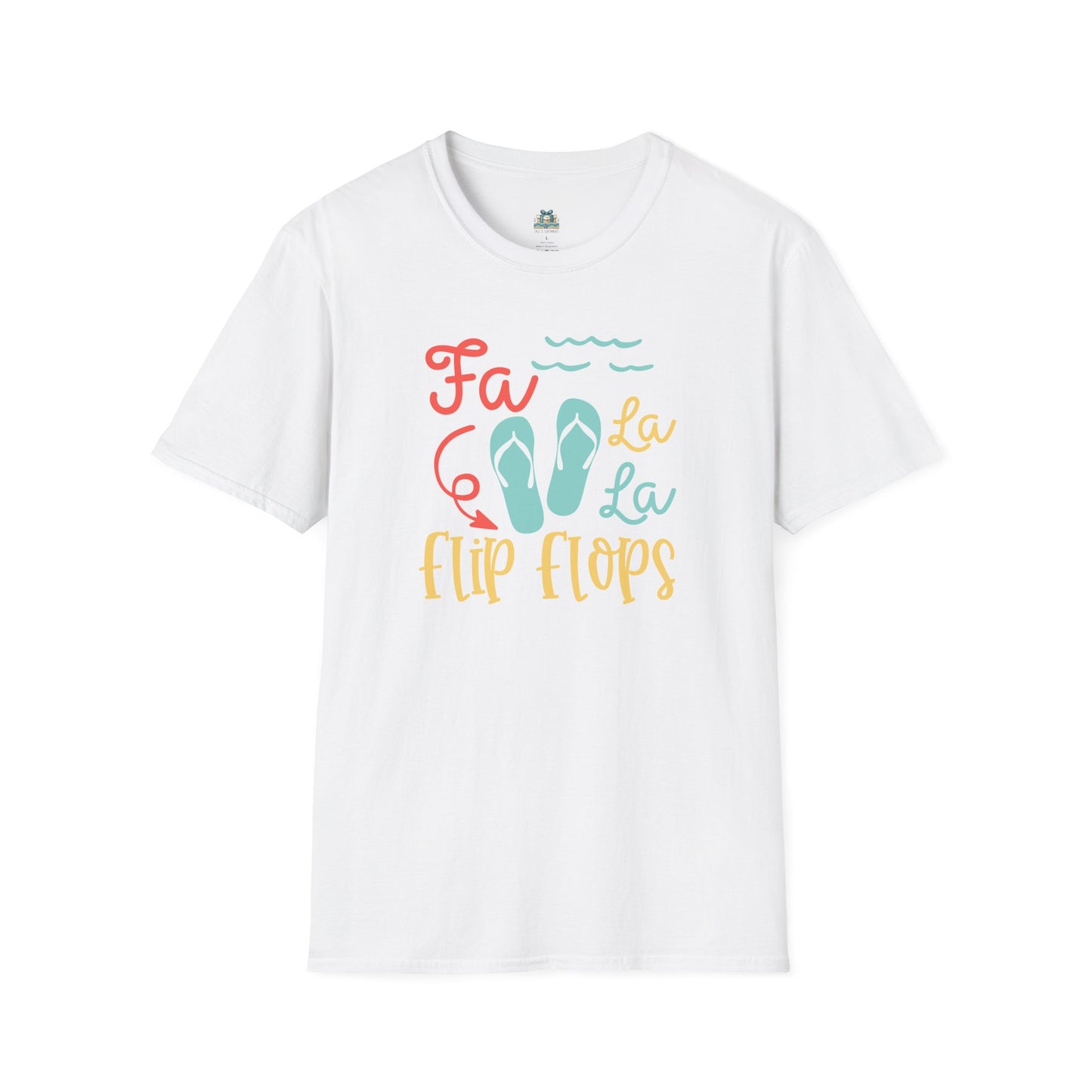 White t-shirt with colorful text and flip flop graphics on a white background