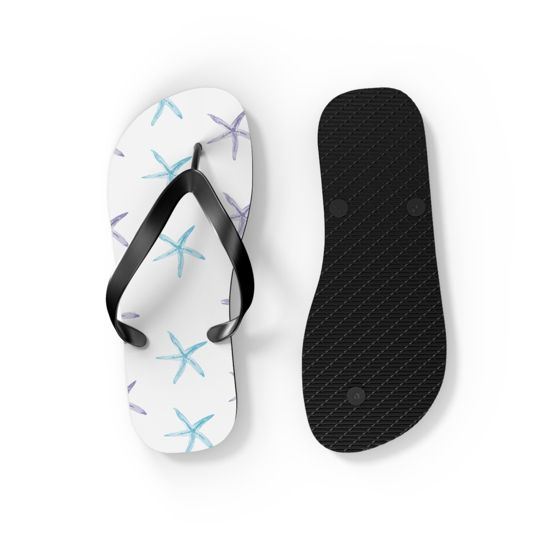 White flip-flop with black strap and textured black insole on a white background