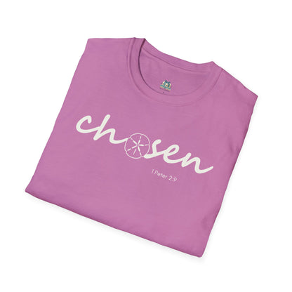 Folded purple t-shirt with 'chosen' text on a white background