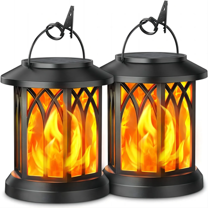 Two black lanterns with flame-like design on a white background