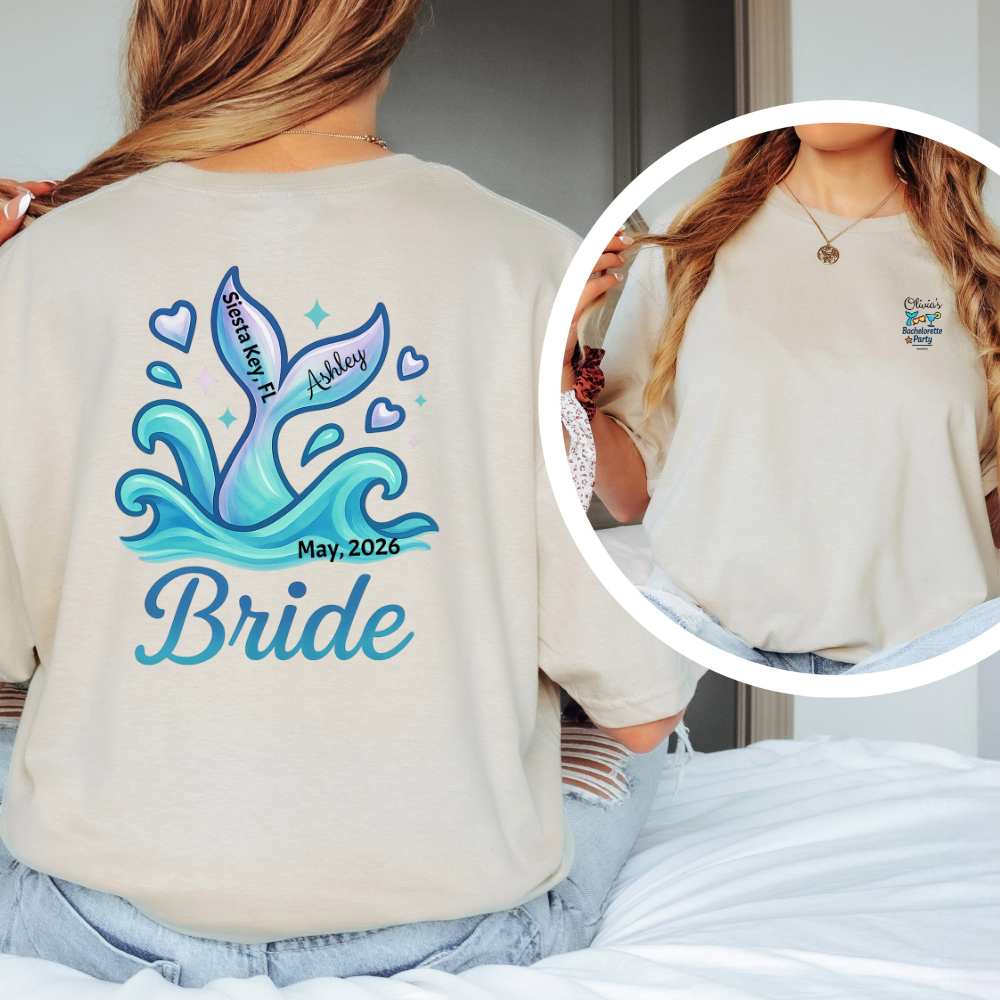 Beige t-shirt with 'Bride' design and personalized text on the back, worn by a person.