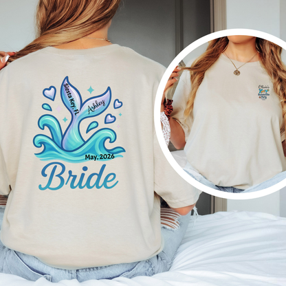Beige t-shirt with 'Bride' design and personalized text on the back, worn by a person.
