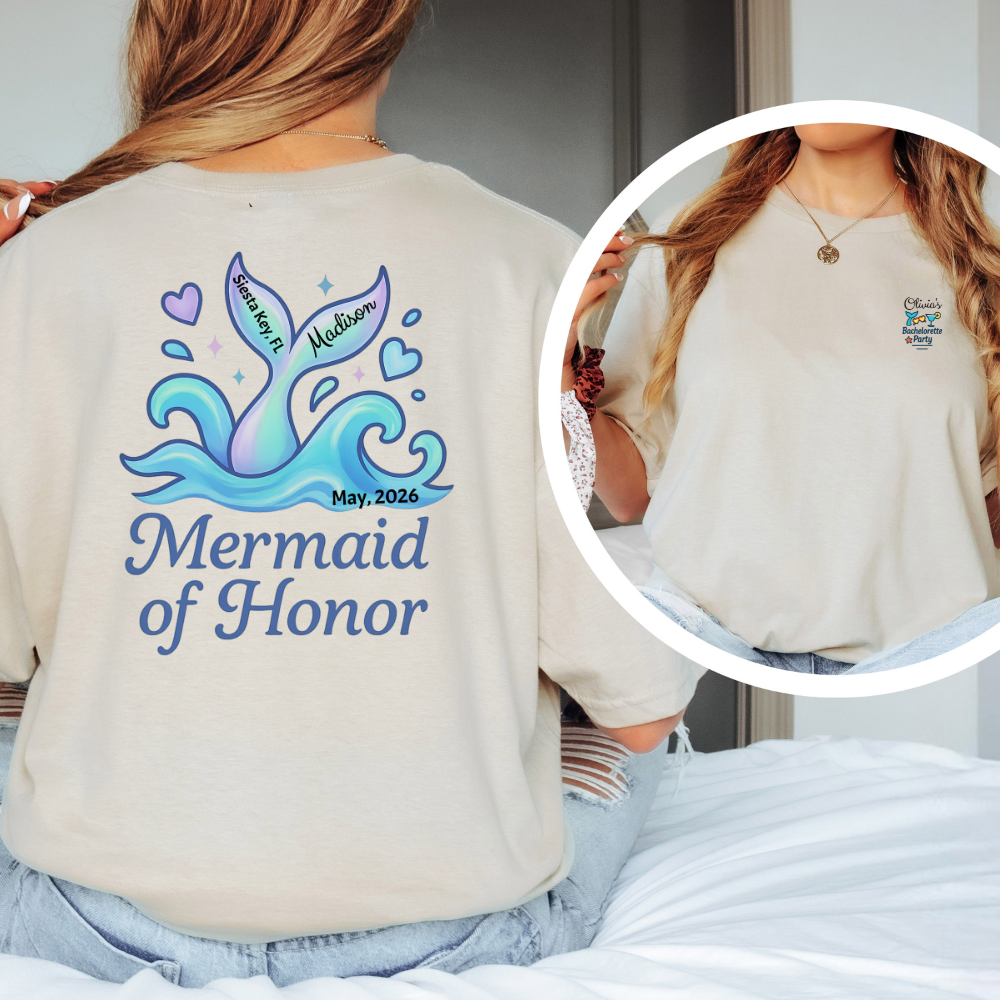 Beige t-shirt with 'Mermaid of Honor' design and text, worn by a person.