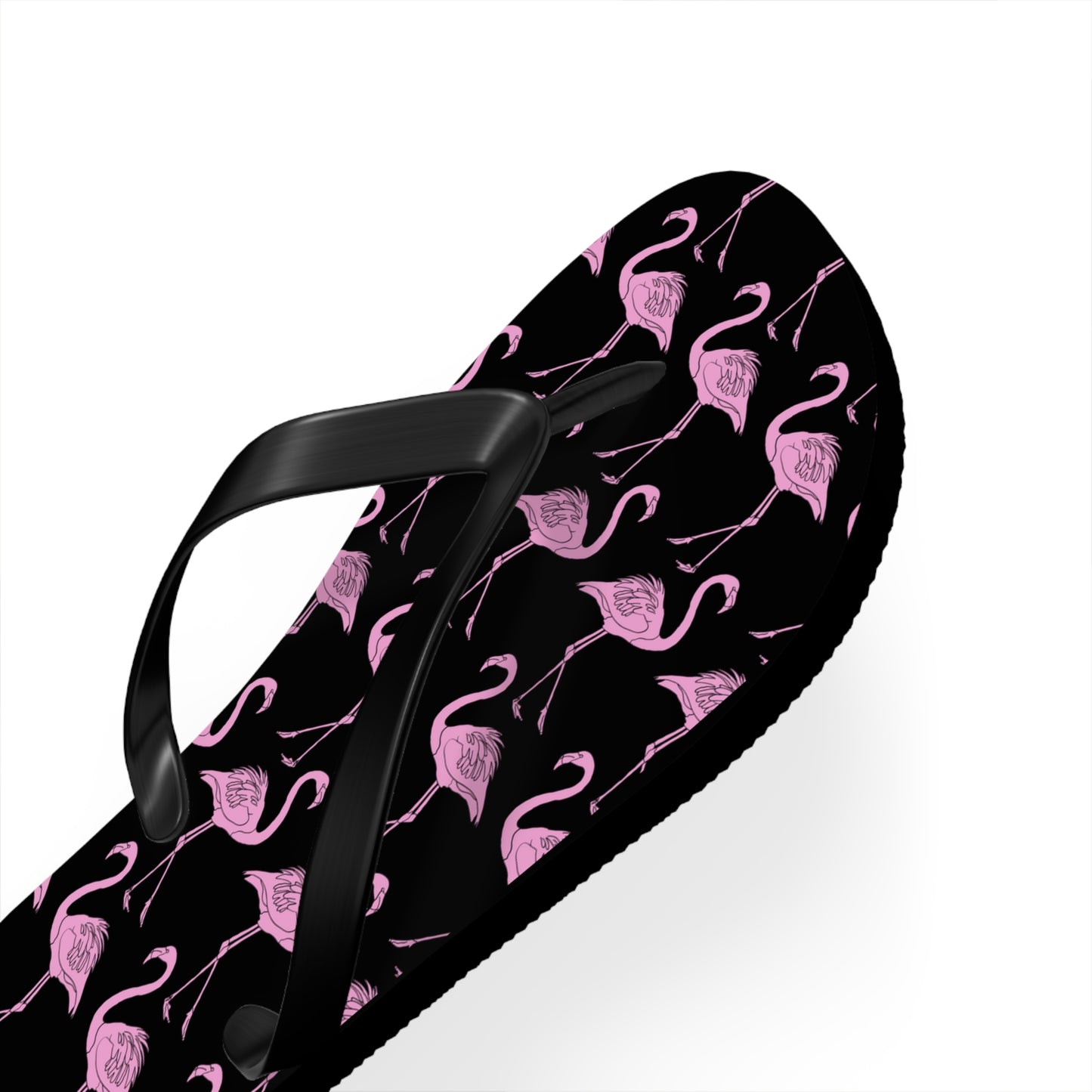 Black flip-flop with silver rose pattern on a white background