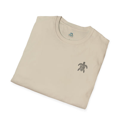 Folded beige t-shirt with a turtle emblem on a white background