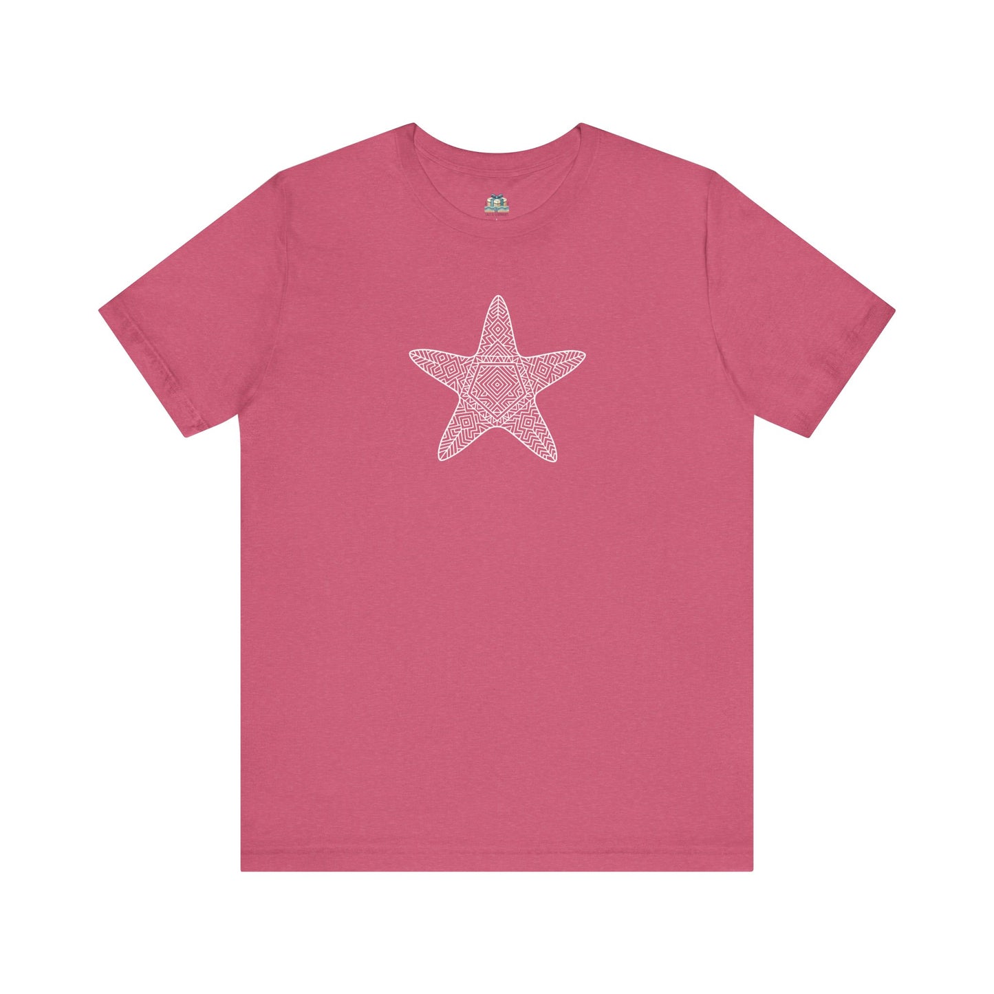 Vibrant pink beach-themed t-shirt with intricate starfish design

